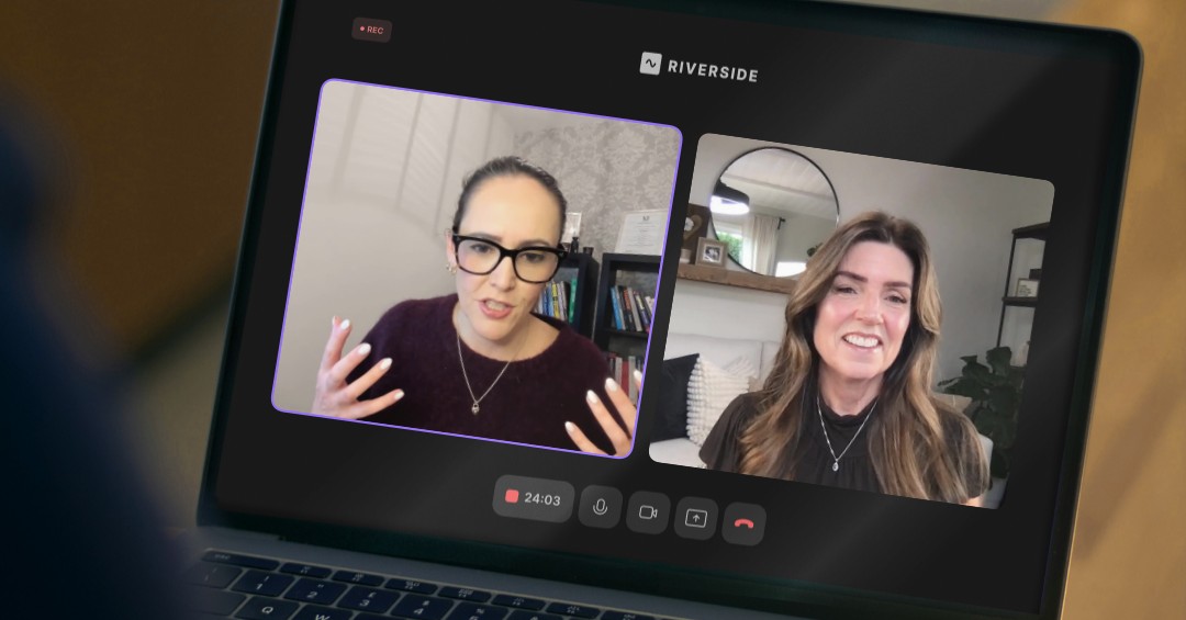 Claire and Dr MJ recording the episode on Riverside, seen on a laptop screen