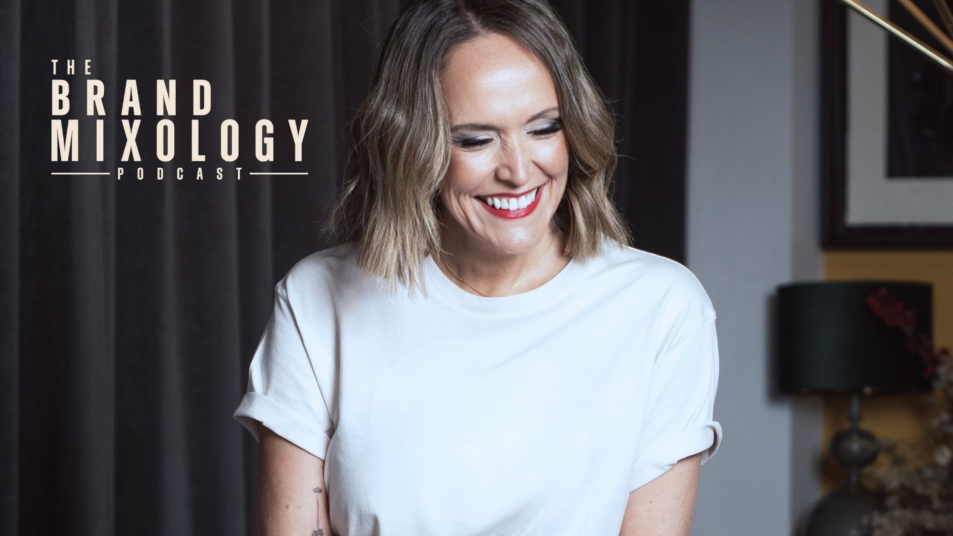Claire Marshall smiling, with The Brand Mixology Podcast logo