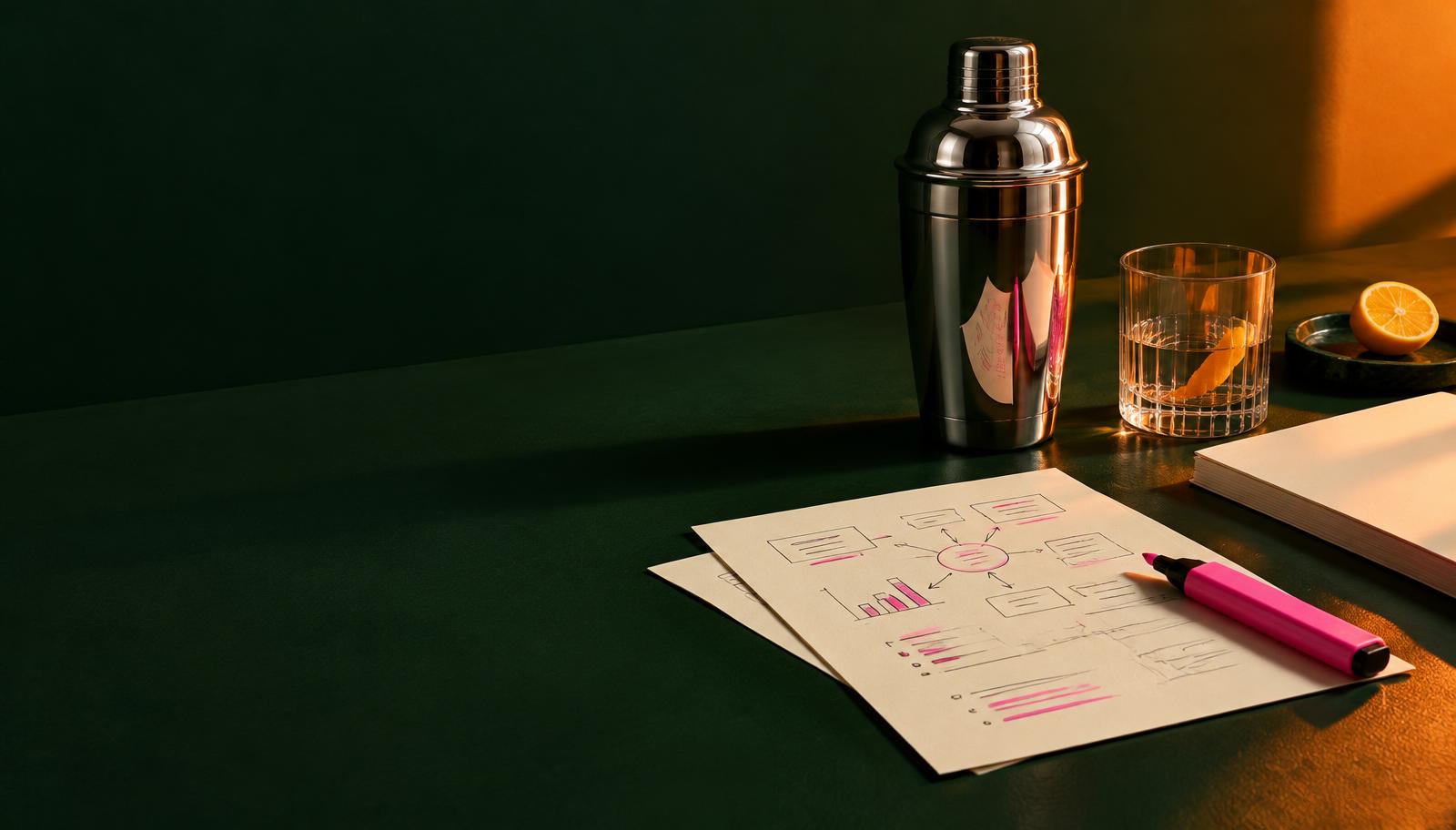 Brand Mixology strategy notes and cocktail shaker