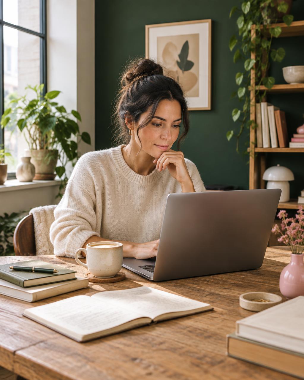 A solo founder working at a wooden desk in a bright studio office